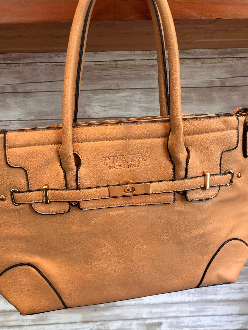 Faux Peach Leather Tote with Black Piping